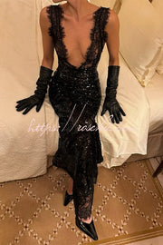 Sequined Deep V-Neck Lace-Trim Dress | Vacation Style
