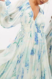 Chiffon Floral Maxi Dress with Drawstring Waist & Lantern Sleeves
