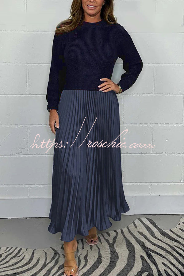 Knitted Maxi Dress | Round Neck Long Sleeve Patchwork