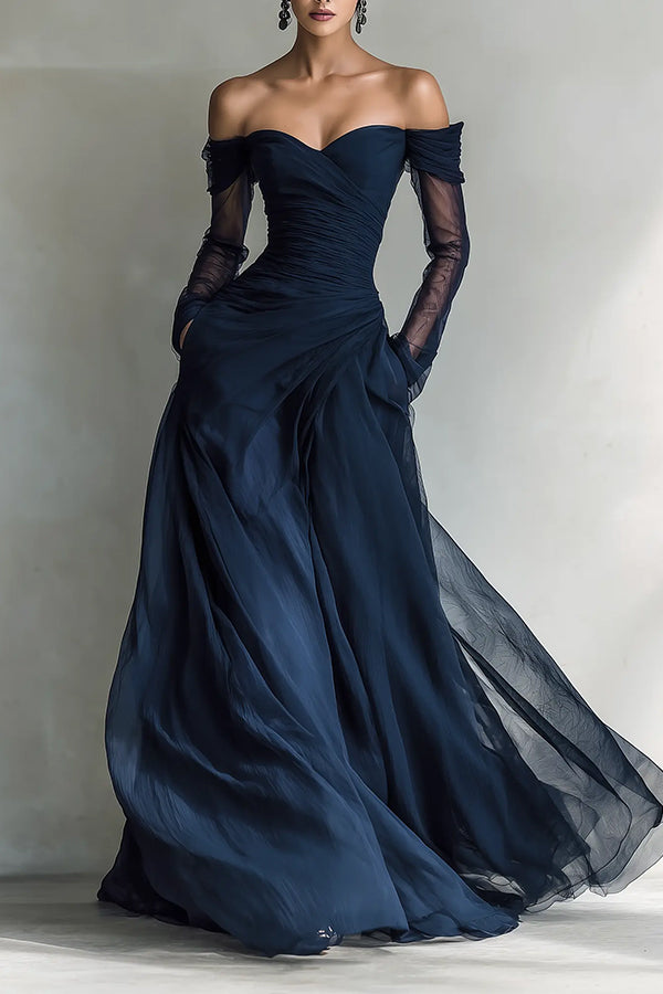 Ruched Sweetheart Maxi Dress with Long Sleeves