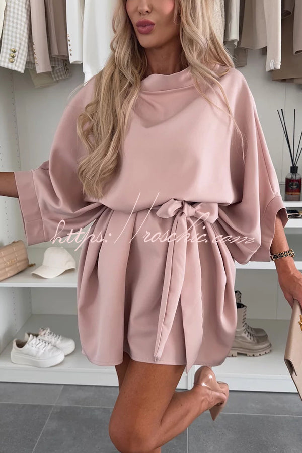 Loose Batwing Sleeve Belted Mini Dress – Solid Color