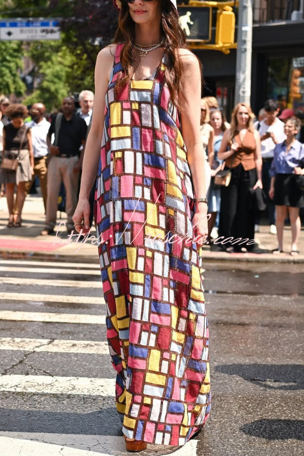 Color-block Plaid Print Sleeveless Maxi Dress – Loose Fit