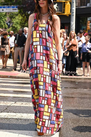 Color-block Plaid Print Sleeveless Maxi Dress – Loose Fit