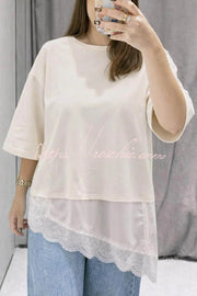 T-shirt ample à manches courtes et col rond avec ourlet en dentelle
