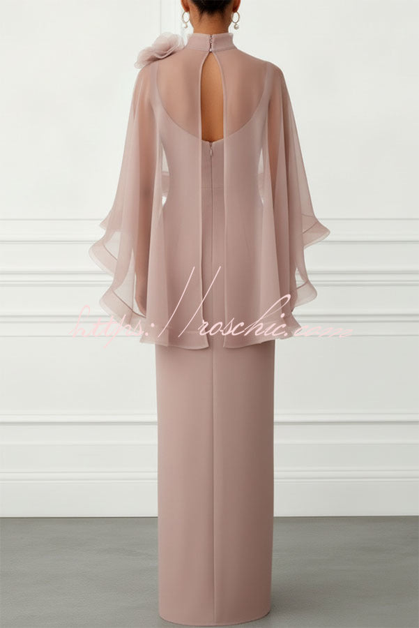 3D Floral Mesh Mock Neck Cape Sleeve Maxi Gown