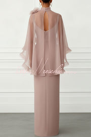 3D Floral Mesh Mock Neck Cape Sleeve Maxi Gown