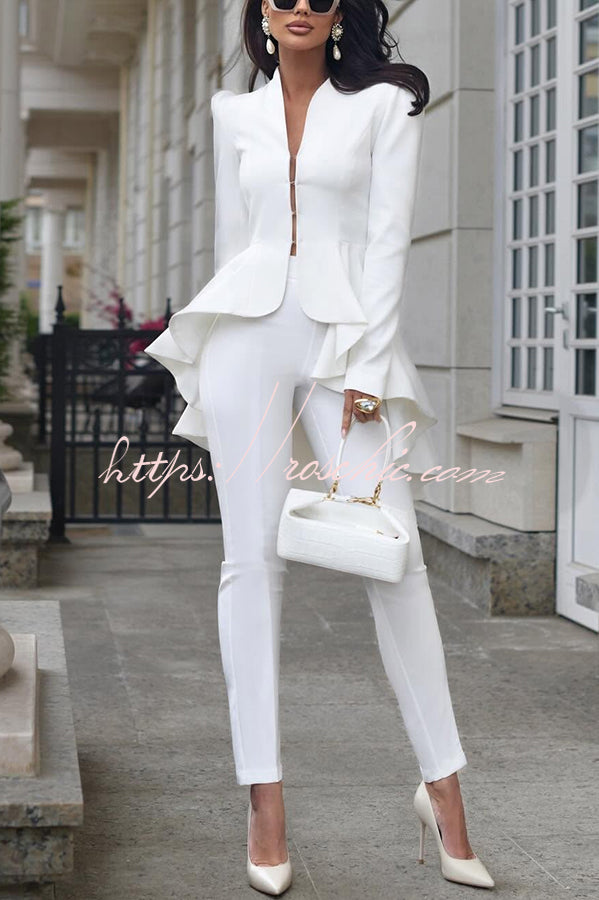Stand Collar Ruffle Blazer & High-Rise Pencil Pants Set