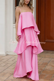 Satin Tiered Maxi Dress – Square Neck Sleeveless A-Line