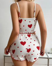 Sweetheart Ruffle Trim Ribbed Cami Pajama Set