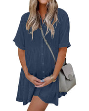 Effortless Button-Down Short Sleeve Shirt Dress with Pockets