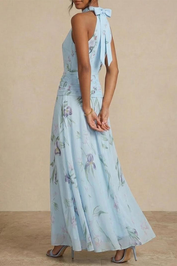 Floral Halter Midi Dress – Ruched Loose Fit Vacation Dress