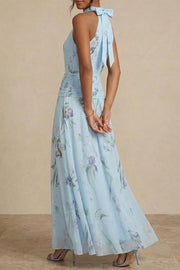Floral Halter Midi Dress – Ruched Loose Fit Vacation Dress