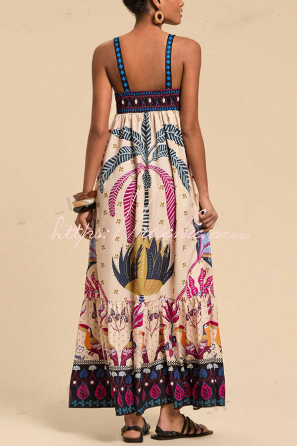 Tropical Print Backless Maxi Dress – Vacation Resort Wear