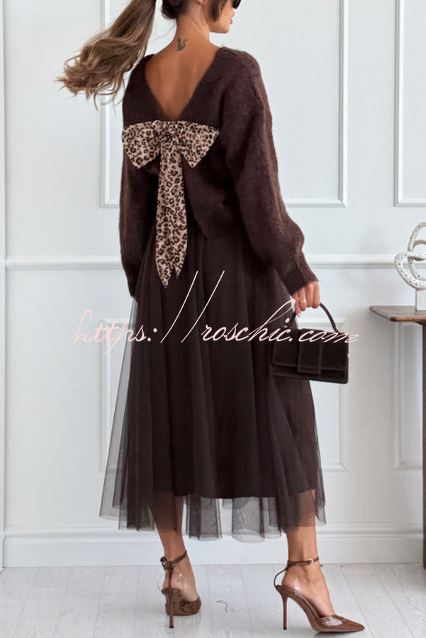 Leopard Print Knit Sweater with Bow Detail & Back Slit