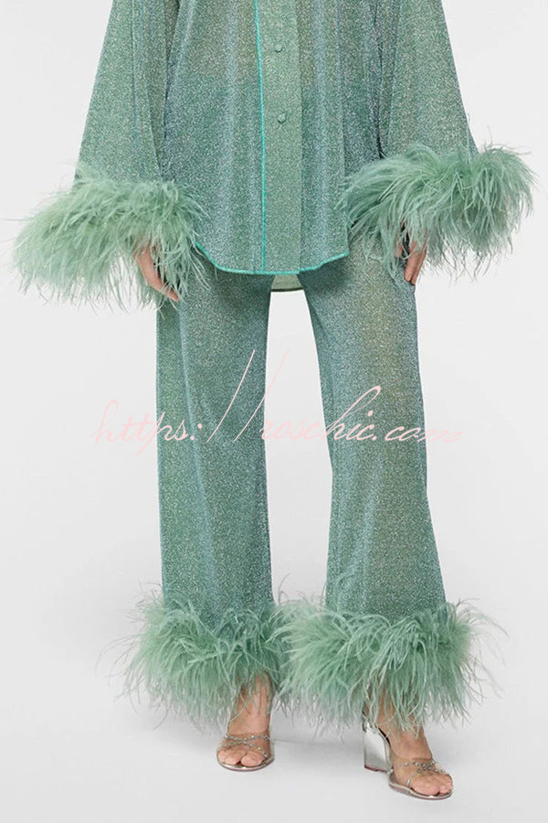 Glitter Feather Trim Two-Piece Lounge Set – Long Sleeve & Pants