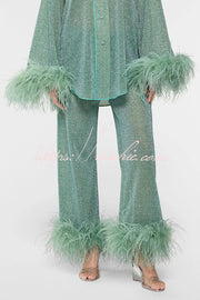 Glitter Feather Trim Two-Piece Lounge Set – Long Sleeve & Pants
