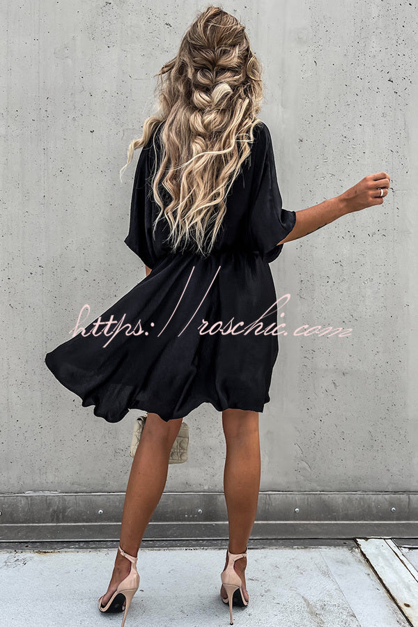 Batwing Sleeve Satin Mini Dress – Loose Fit V-Neck