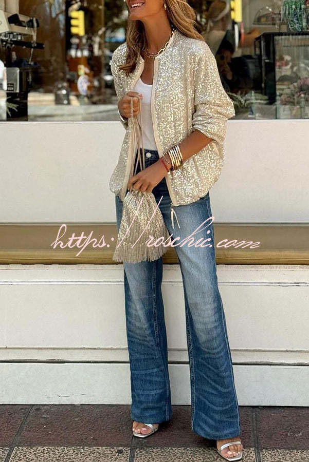 Manteau zippé à manches longues et sequins – Haut de fête coupe ample