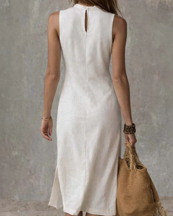 Cotton Linen Midi Dress with Stand Collar and Split Hem