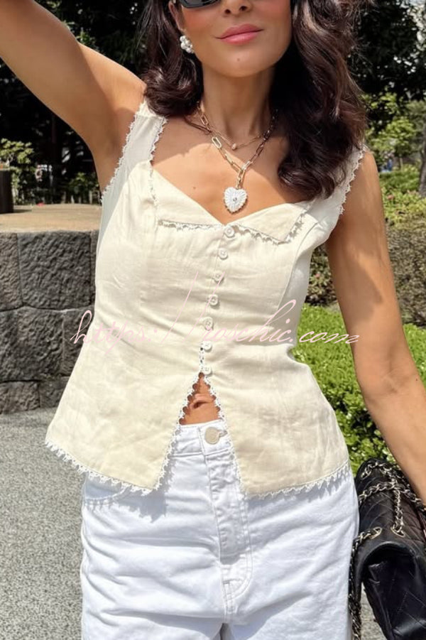 Lace-Trim V-Neck Sleeveless Vest | Linen Blend Slim Fit