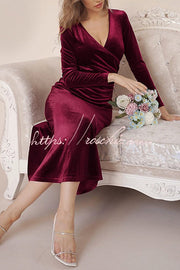Velvet Long Sleeve V-Neck Fishtail Maxi Dress – Slim Fit