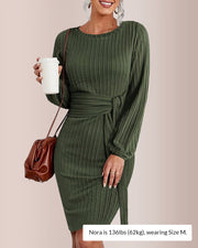 Knit Bodycon Dress with Lantern Sleeves & Ruching