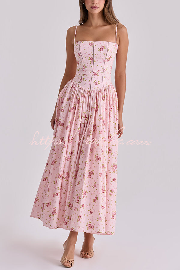Robe midi en coton extensible à imprimé floral avec bordure en échelle