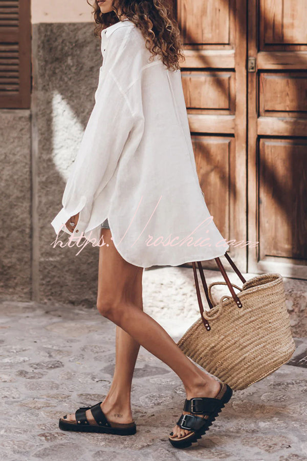 Linen Blend Oversized Long Sleeve Shirt with Pockets
