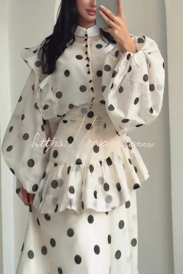 Polka Dot Ruffle Maxi Dress with Stand Collar