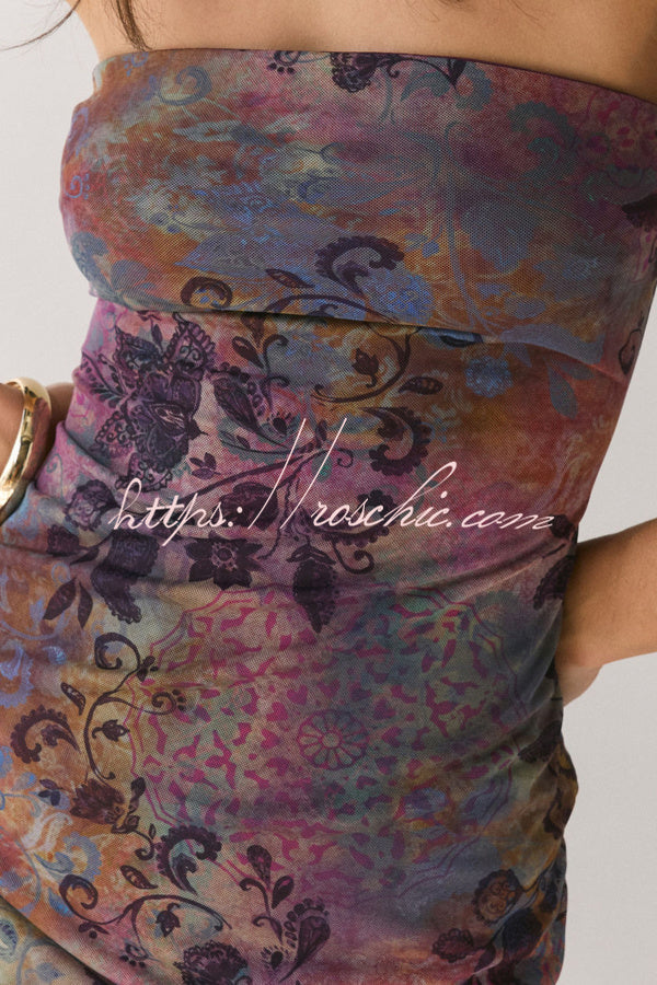 Mesh Tie-Dye Strapless Maxi Dress with Side Slit