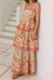 Printed Cutout Lace-Up Tiered Maxi Dress for Vacation