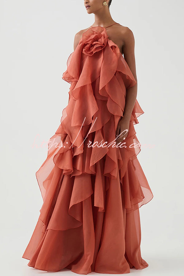 Rose Detail Tiered Ruffle Halter Maxi Dress