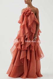 Rose Detail Tiered Ruffle Halter Maxi Dress