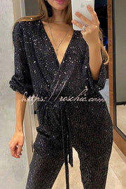 Sequin Long Sleeve Belted Wrap Jumpsuit – Loose Fit