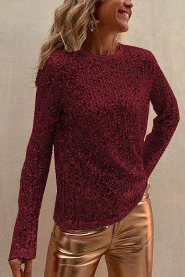 Sequin Long Sleeve Shift Blouse – Loose Fit Party Top