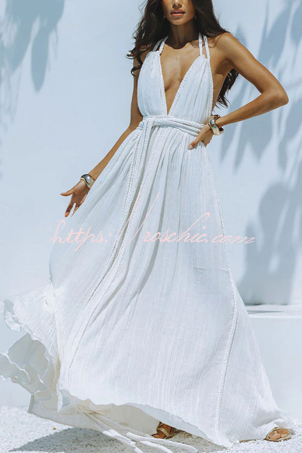 Linen Blend Halter Maxi Dress – Deep V Backless Cover Up