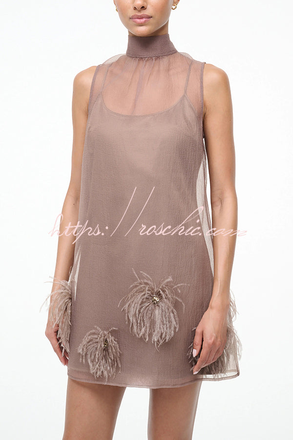 Sheer Chiffon Feather Mini Dress with Back Bow Detail