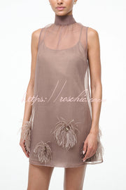 Sheer Chiffon Feather Mini Dress with Back Bow Detail