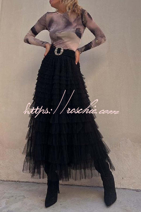 Tiered Tulle Maxi Skirt with Elastic Waist – Loose Fit