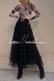 Tiered Tulle Maxi Skirt with Elastic Waist – Loose Fit