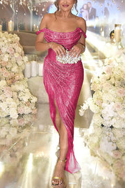 Glitter Off Shoulder Ruched Slit Maxi Dress for Parties