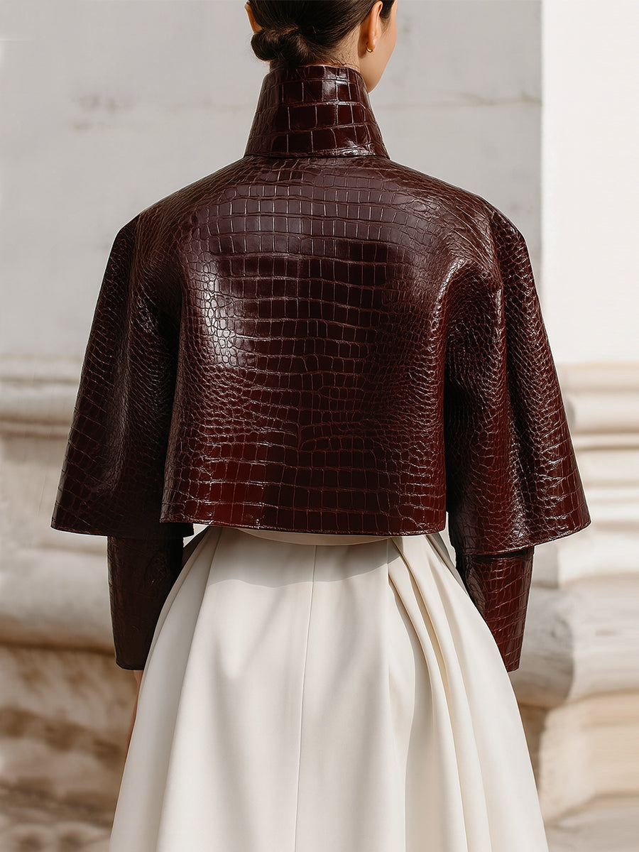 Cape Collar Crocodile Eco-Leather Jacket | Glossy Finish