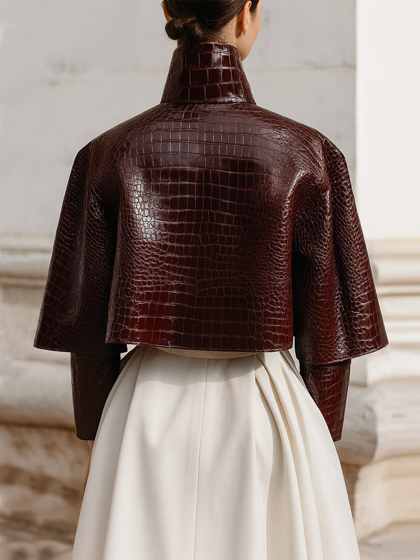 Cape Collar Crocodile Eco-Leather Jacket | Glossy Finish