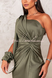Satin One Shoulder Maxi Dress with Twist Detail & Slit