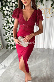 Lace & Satin Patchwork Ruffle Sleeve Ruched Midi Dress