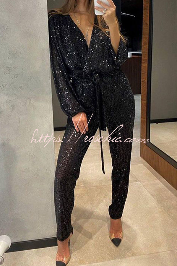 Sequin Long Sleeve Belted Wrap Jumpsuit – Loose Fit