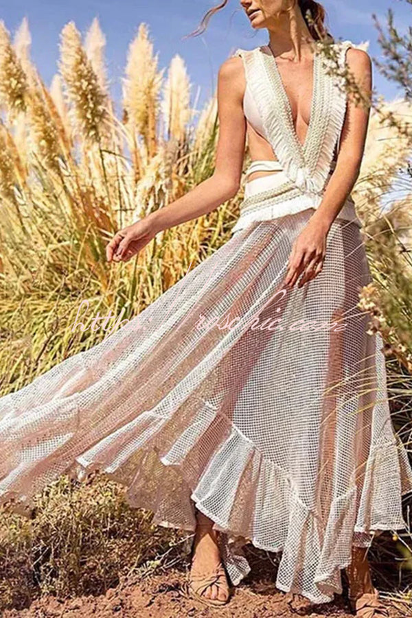 Sheer Mesh Lace Ankle-Length Beach Skirt – Loose Fit