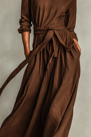 Linen Blend Maxi Dress with Waist Tie and Pockets