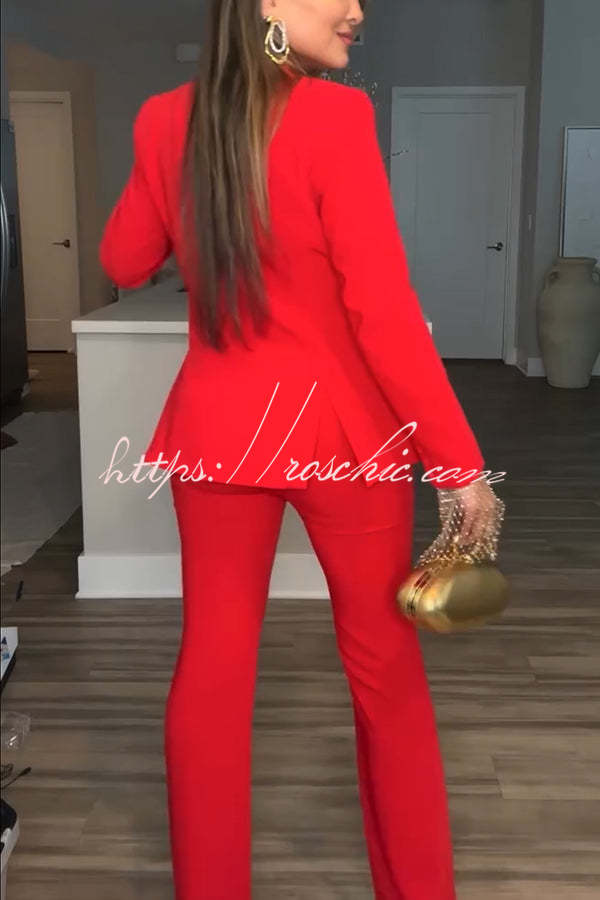 Women's Lapel Blazer & Straight-Leg Pants Suit Set