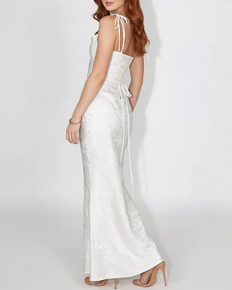 Lace Mermaid Tie-Strap Backless Maxi Dress